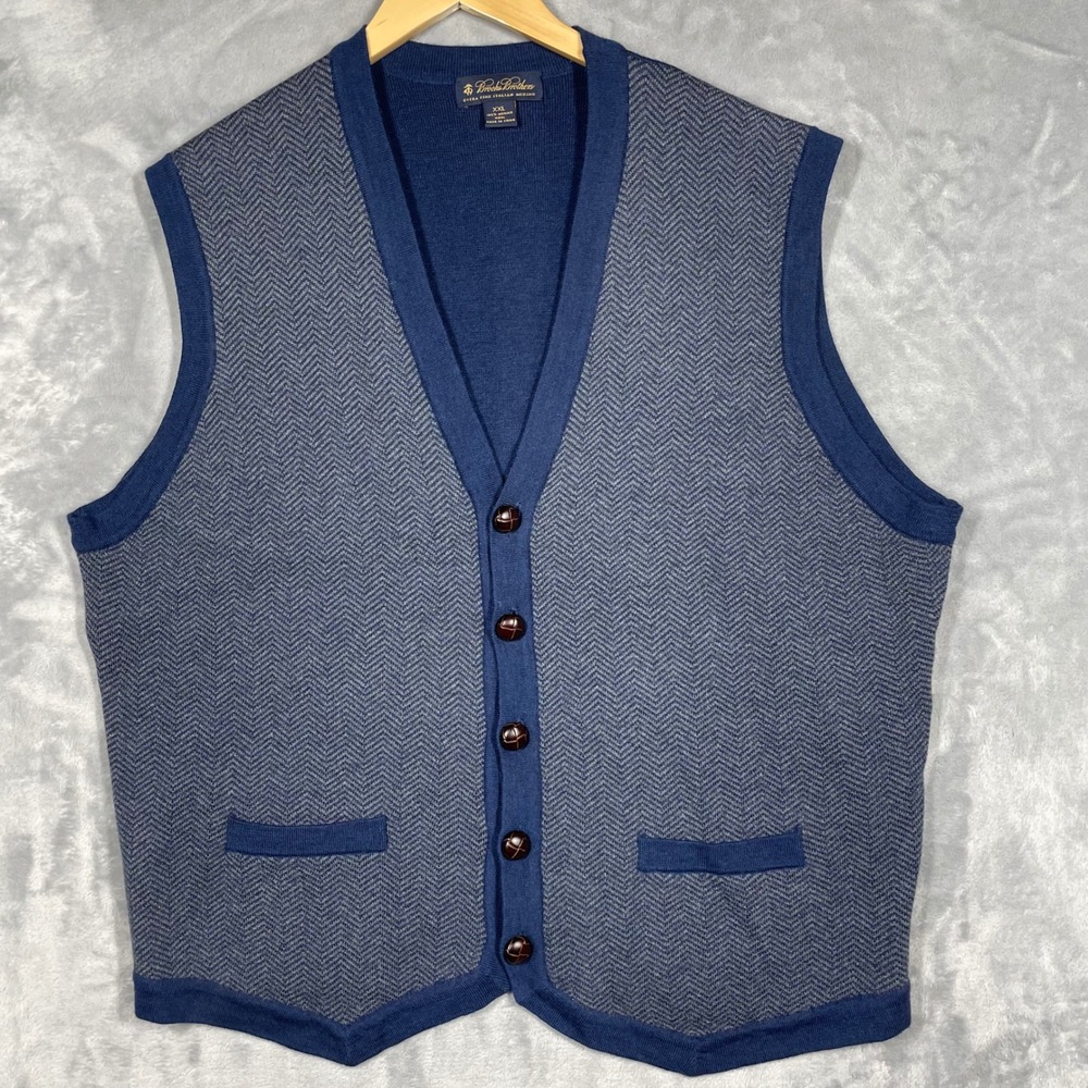 Brooks Brothers Mens XXL Merino Wool Herringbone Button Front Sweater Vest Navy